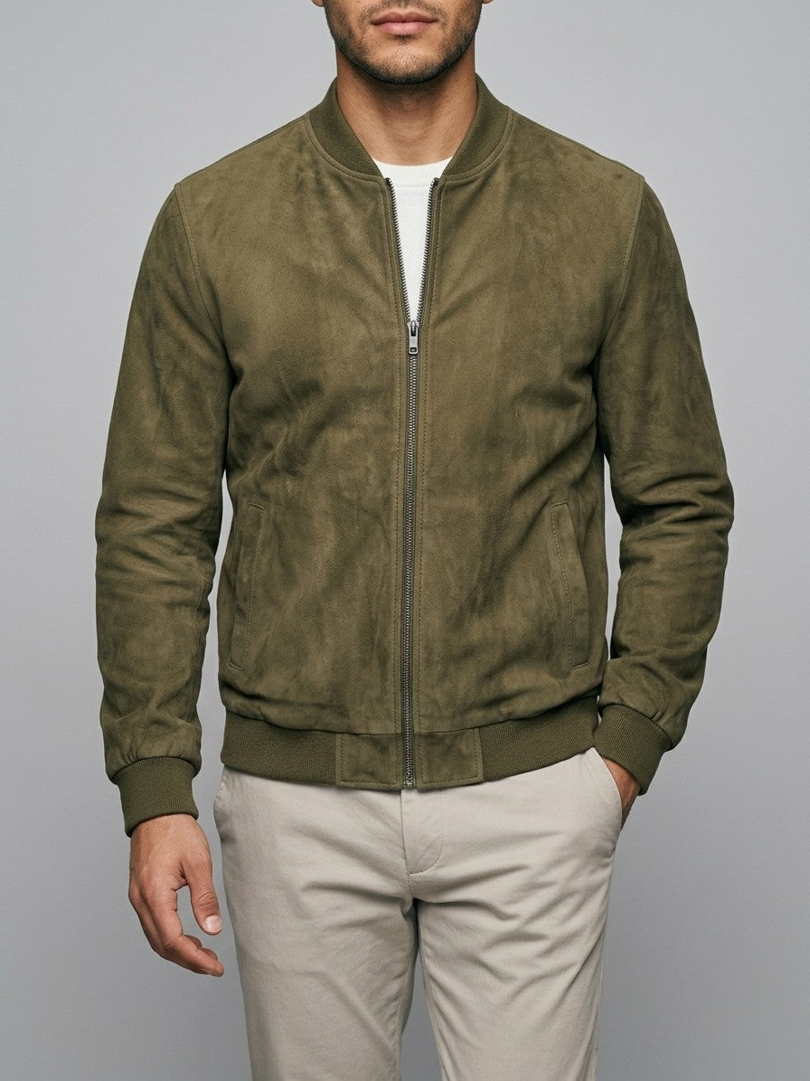 Ortona Men's Rib-Trim Genuine Suede Bomber Jacket — olive — front