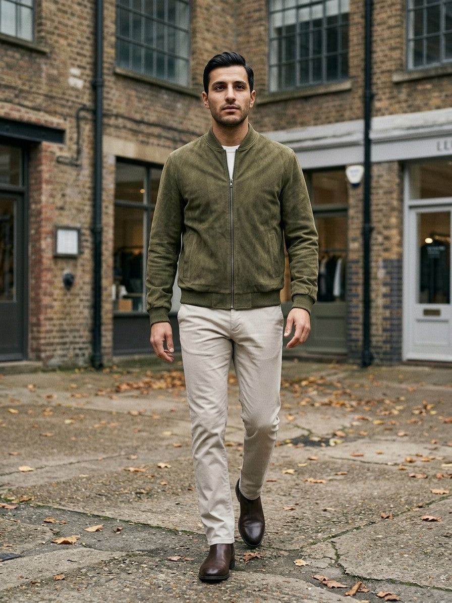 Ortona Men's Rib-Trim Genuine Suede Bomber Jacket — olive — lifestyle