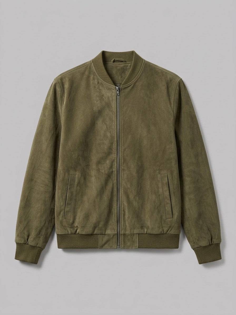 Ortona Men's Rib-Trim Genuine Suede Bomber Jacket — olive — packshot