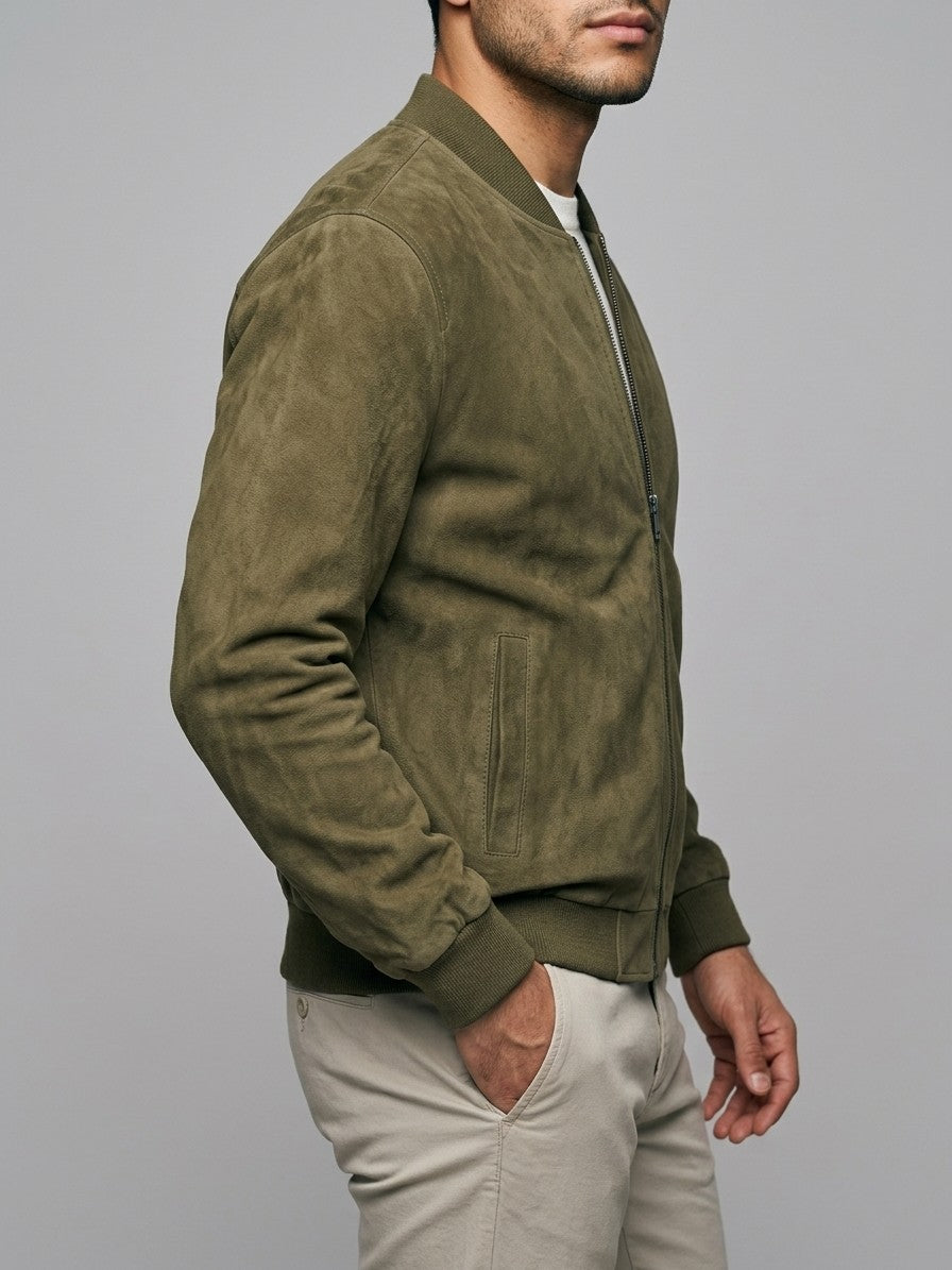 Ortona Men's Rib-Trim Genuine Suede Bomber Jacket — olive — side
