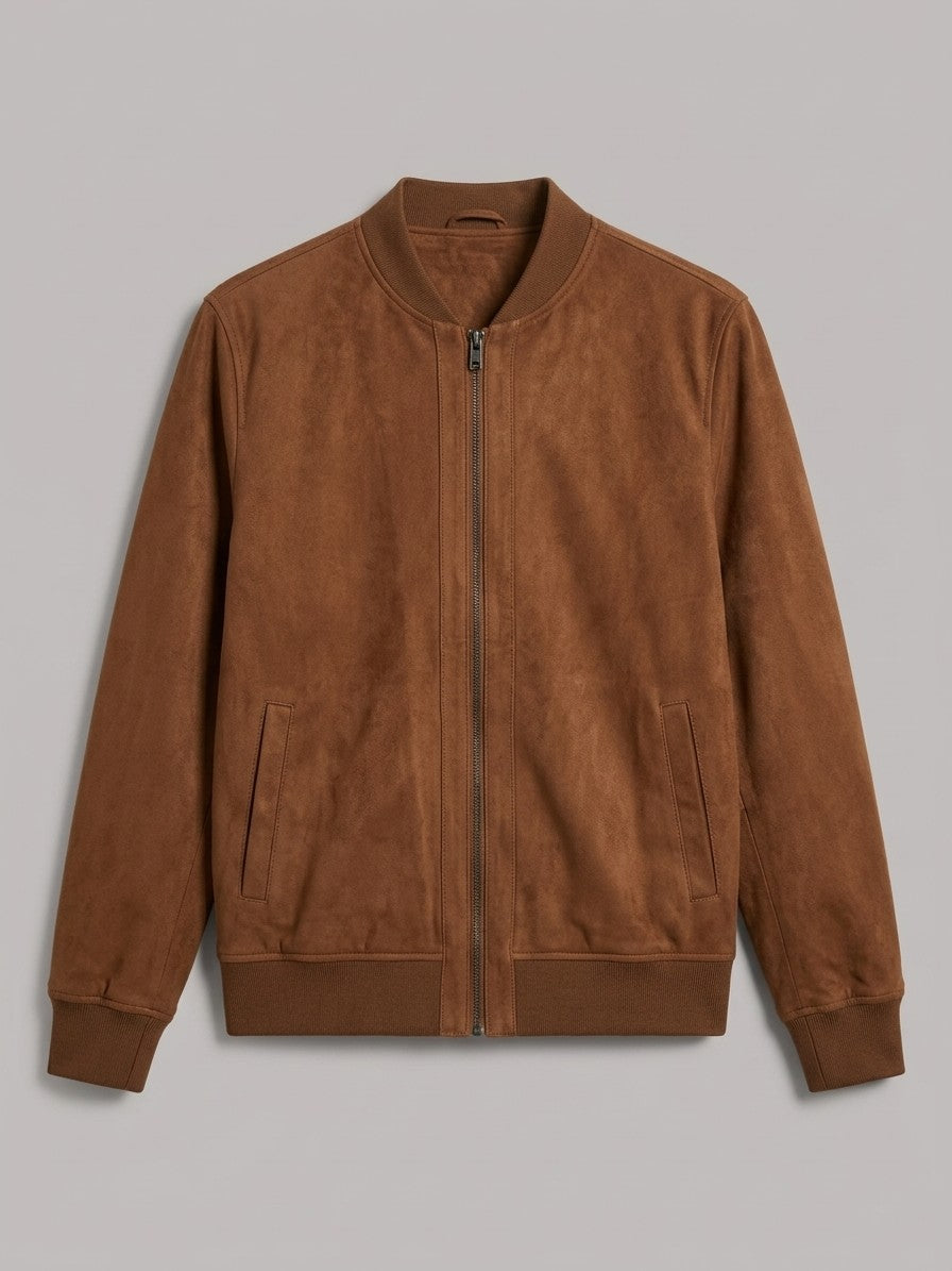 Ortona Men's Rib-Trim Genuine Suede Bomber Jacket — tobacco — packshot