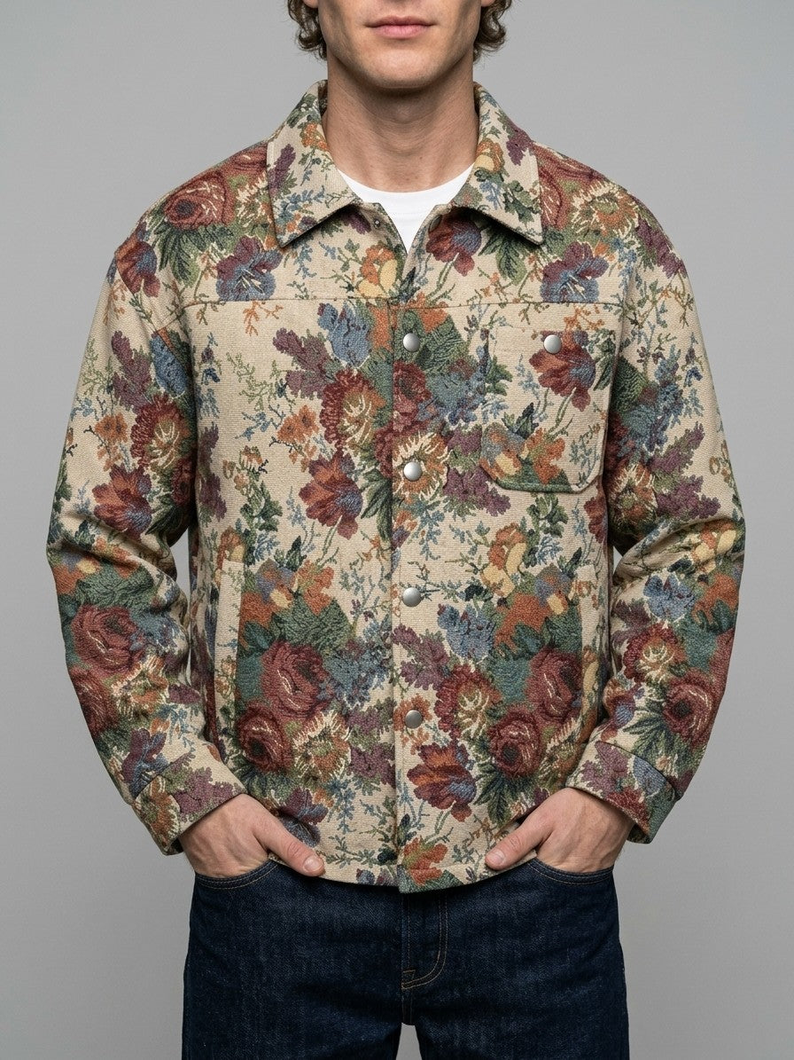 Orzinuovi Men's Tapestry Jacquard Shirt Jacket — ecrufloral — front