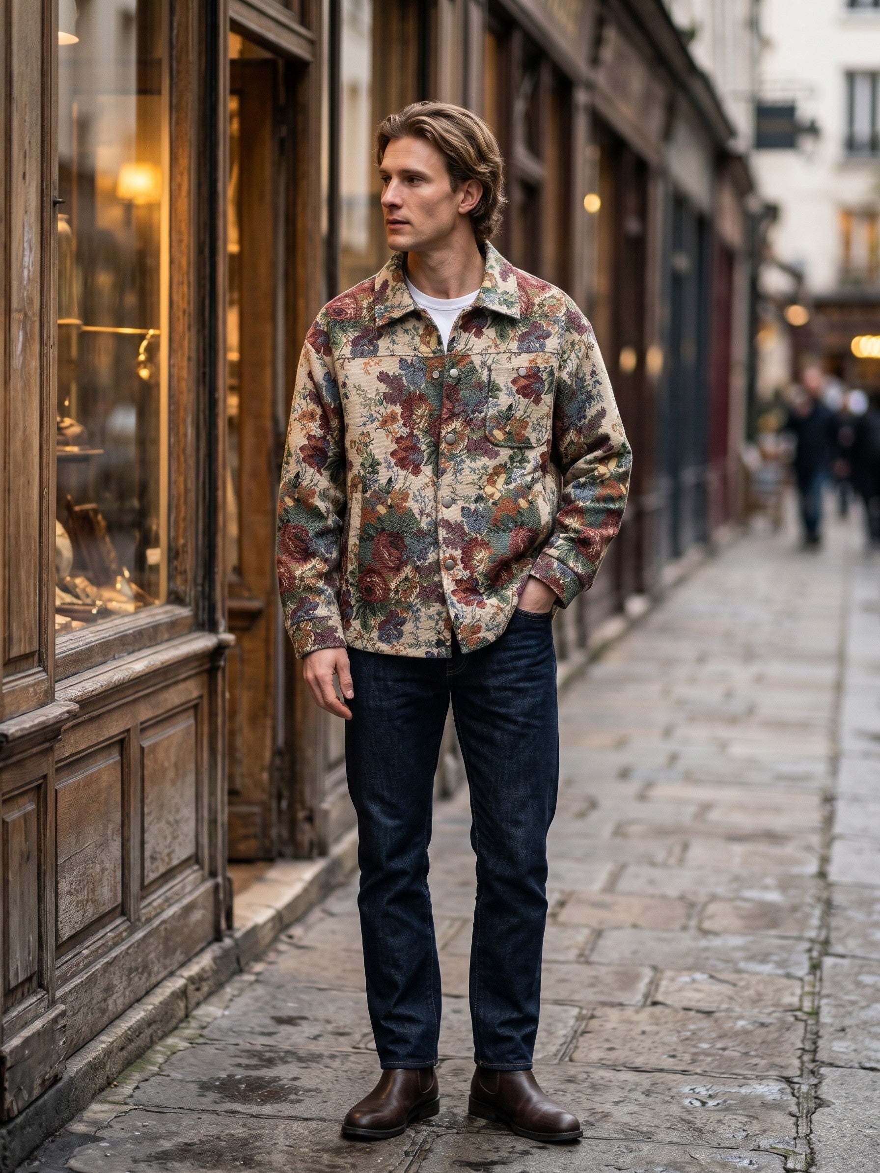 Orzinuovi Men's Tapestry Jacquard Shirt Jacket — ecrufloral — lifestyle