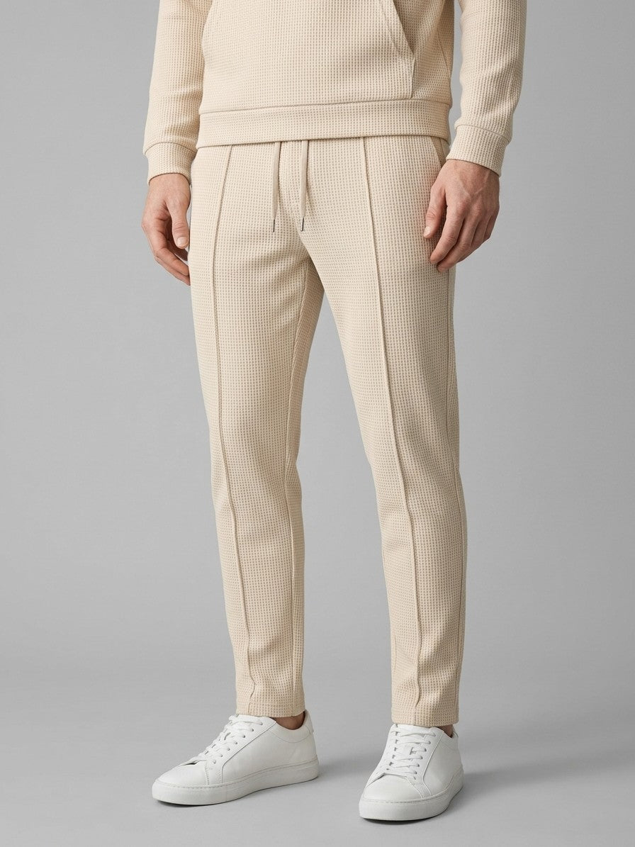 Osimo Men's Waffle-Knit Half-Zip Hoodie and Pintuck Pant Set — beige — bottomfront