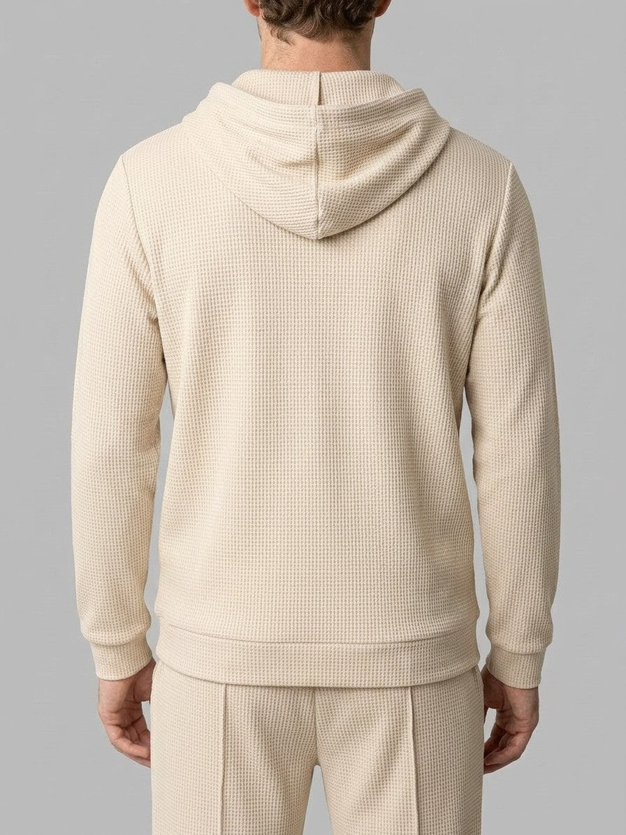 Osimo Men's Waffle-Knit Half-Zip Hoodie and Pintuck Pant Set — beige — closeback