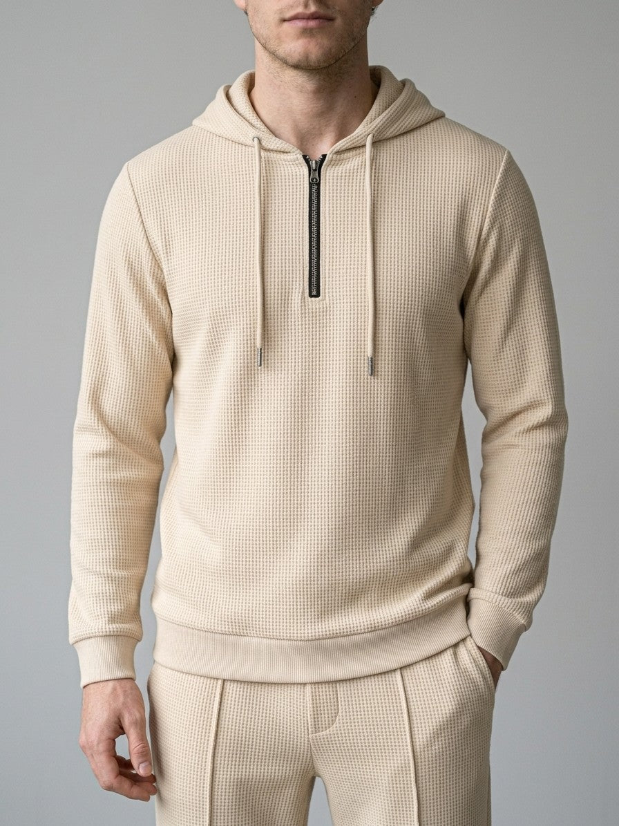 Osimo Men's Waffle-Knit Half-Zip Hoodie and Pintuck Pant Set — beige — closefront