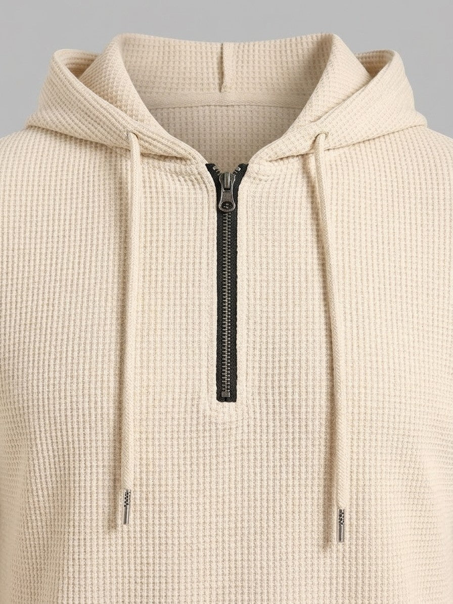 Osimo Men's Waffle-Knit Half-Zip Hoodie and Pintuck Pant Set — beige — detail-collar