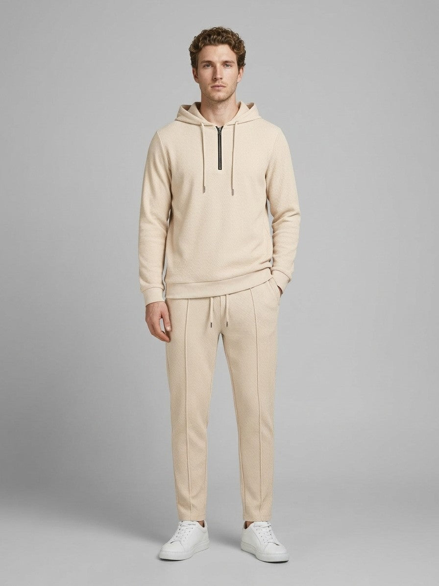 Osimo Men's Waffle-Knit Half-Zip Hoodie and Pintuck Pant Set — beige — fullfront