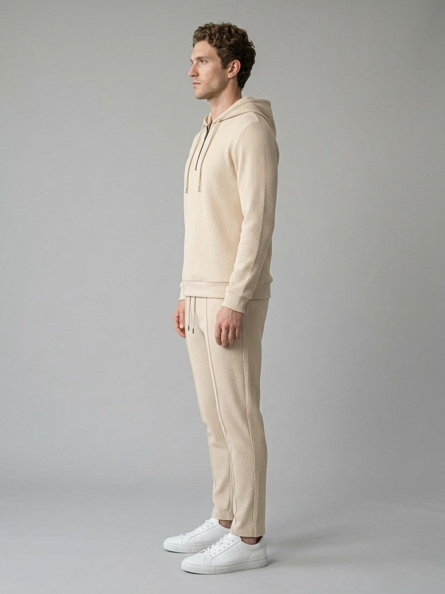 Osimo Men's Waffle-Knit Half-Zip Hoodie and Pintuck Pant Set — beige — fullside