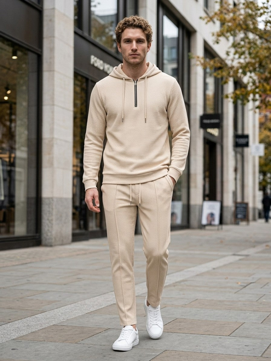 Osimo Men's Waffle-Knit Half-Zip Hoodie and Pintuck Pant Set — beige — lifestyle