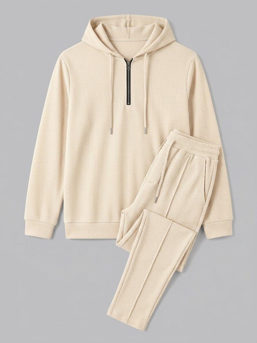 Osimo Men's Waffle-Knit Half-Zip Hoodie and Pintuck Pant Set — beige — packshot