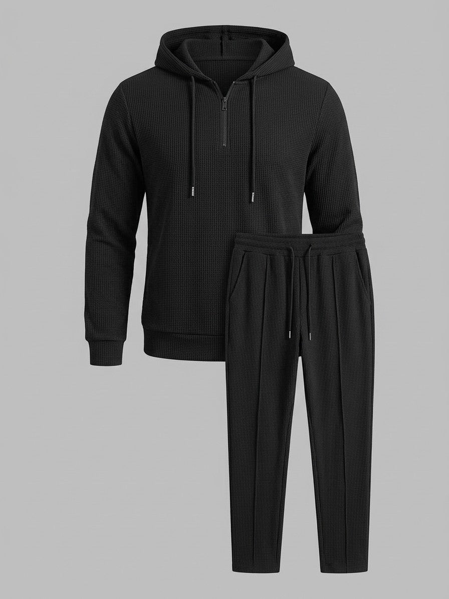 Osimo Men's Waffle-Knit Half-Zip Hoodie and Pintuck Pant Set — black — packshot