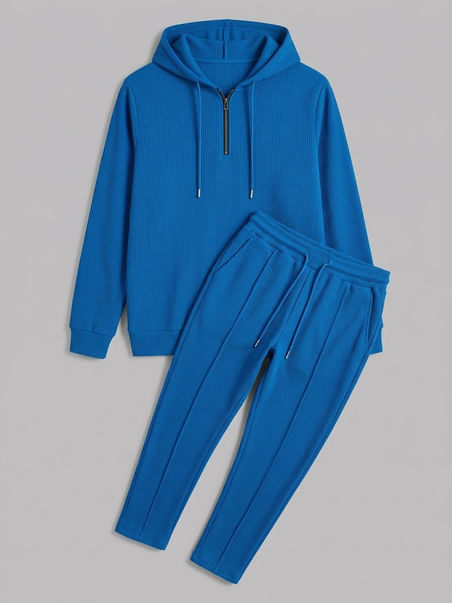 Osimo Men's Waffle-Knit Half-Zip Hoodie and Pintuck Pant Set — blue — packshot