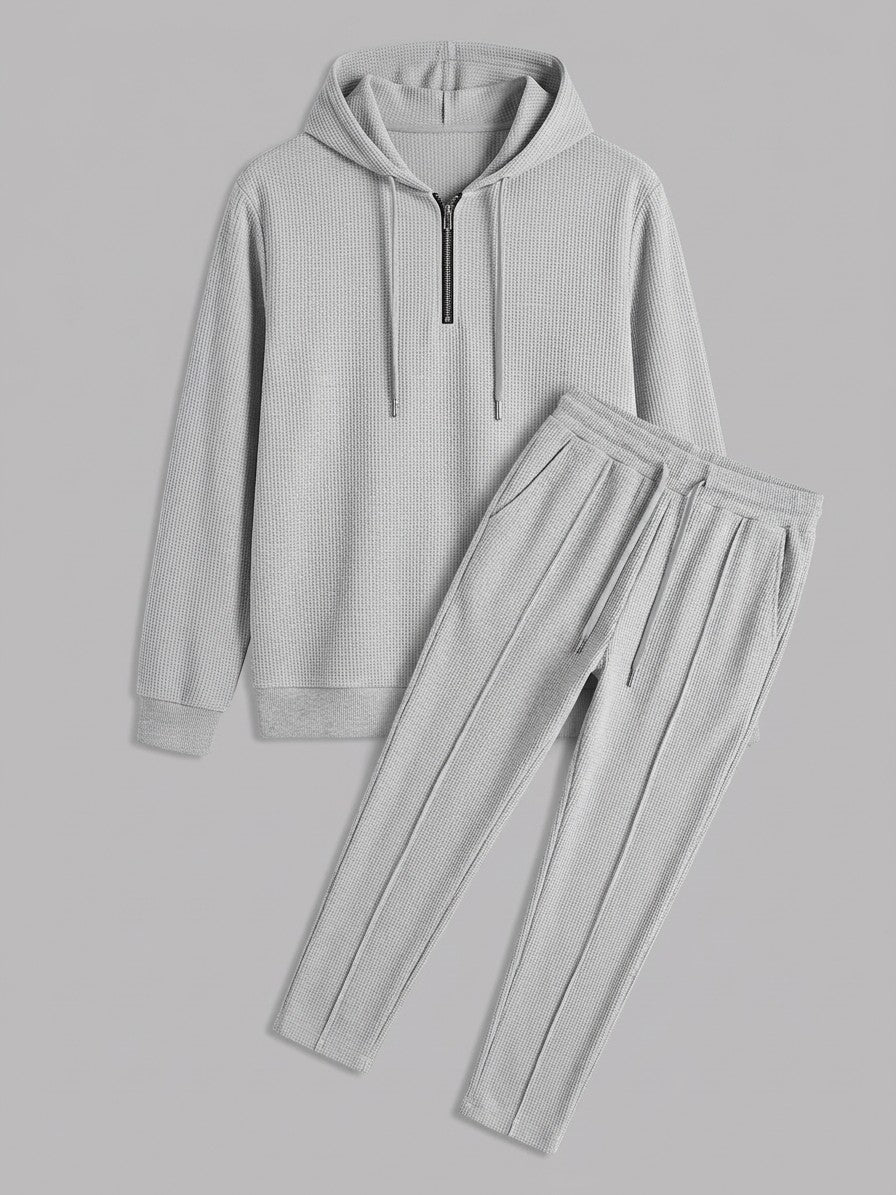 Osimo Men's Waffle-Knit Half-Zip Hoodie and Pintuck Pant Set — gray — packshot