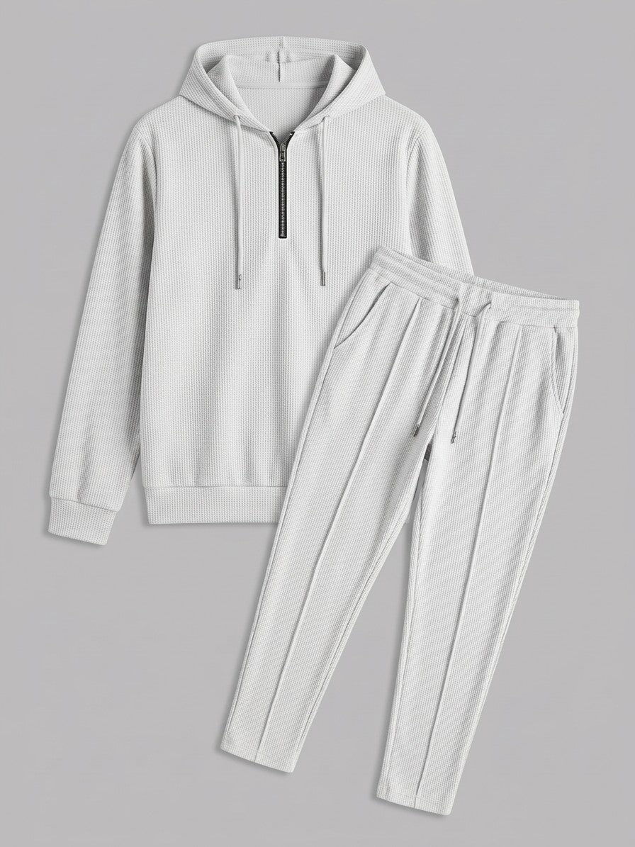Osimo Men's Waffle-Knit Half-Zip Hoodie and Pintuck Pant Set — white — packshot