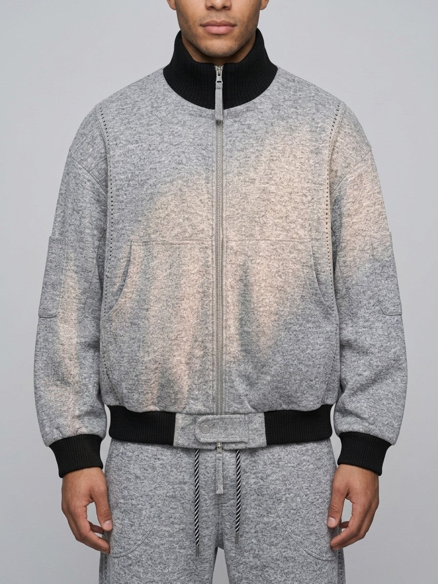 Ostia Men's Melange Bomber Jacket and Wide-Leg Pant Set — lightgray — closefront