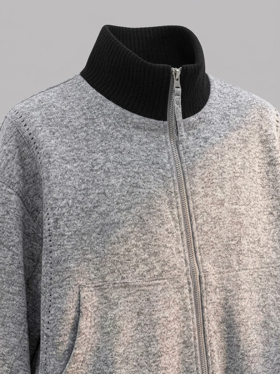 Ostia Men's Melange Bomber Jacket and Wide-Leg Pant Set — lightgray — detail-collar
