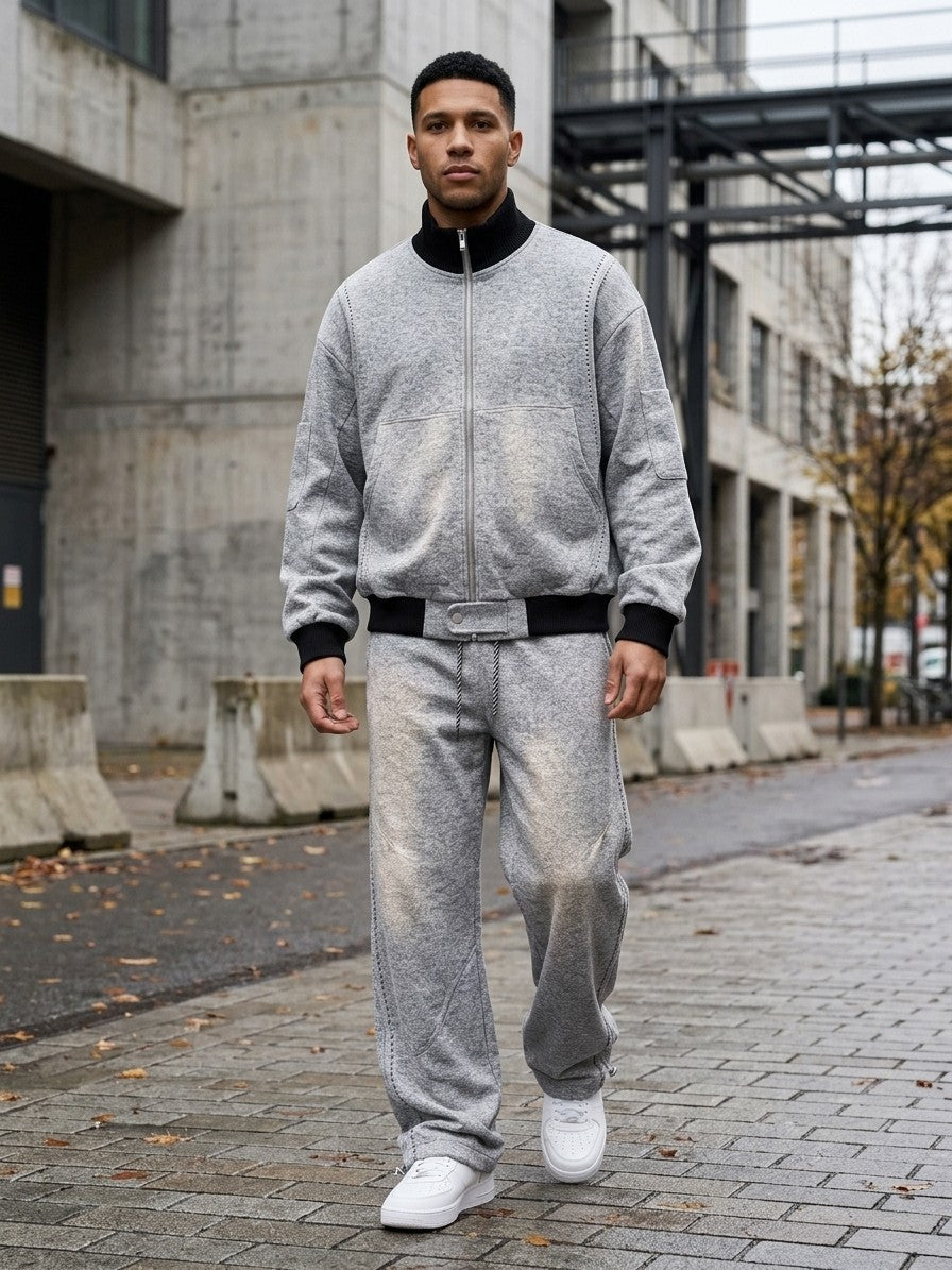 Ostia Men's Melange Bomber Jacket and Wide-Leg Pant Set — lightgray — lifestyle