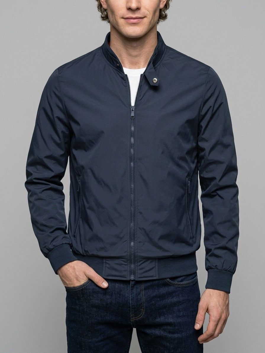 Ostiglia Men's Snap-Tab Stand-Collar Bomber Jacket — navy — front