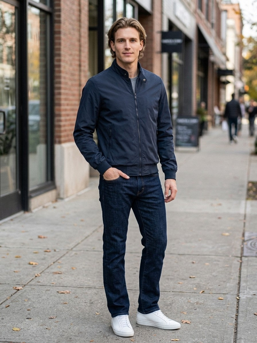 Ostiglia Men's Snap-Tab Stand-Collar Bomber Jacket — navy — lifestyle