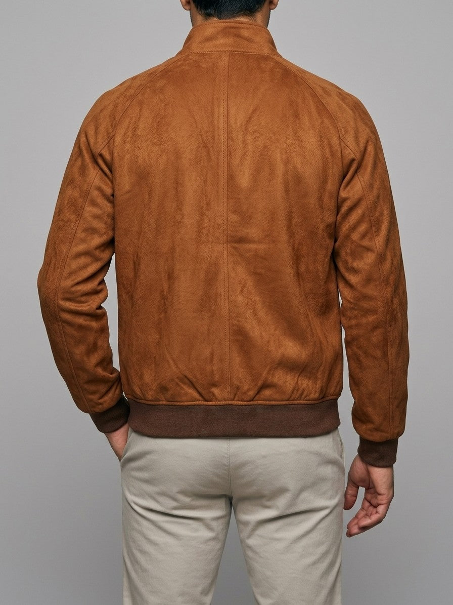 Ostra Men's Tartan-Lined Faux Suede Harrington Jacket — cognac — back
