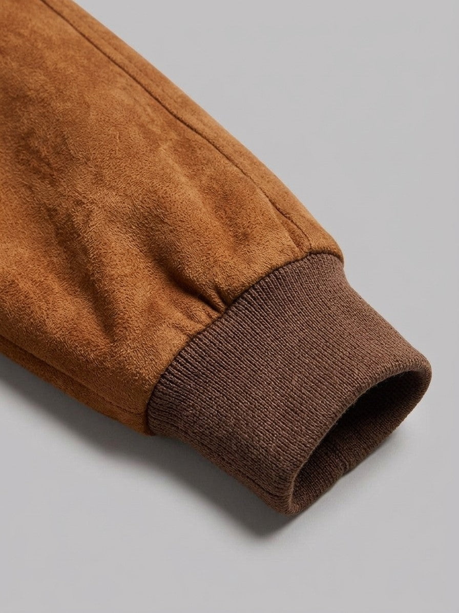 Ostra Men's Tartan-Lined Faux Suede Harrington Jacket — cognac — detail-collar