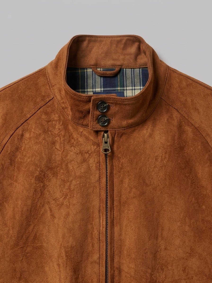 Ostra Men's Tartan-Lined Faux Suede Harrington Jacket — cognac — detail