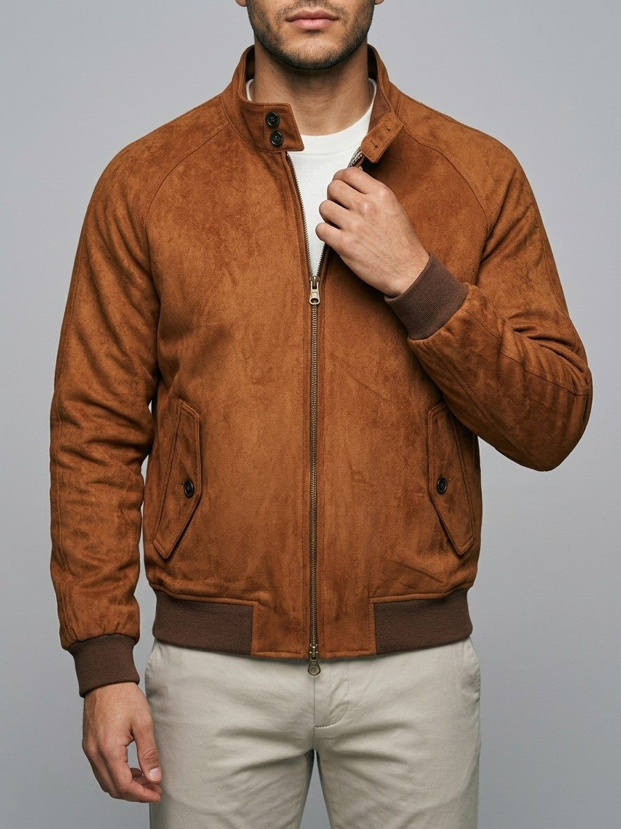 Ostra Men's Tartan-Lined Faux Suede Harrington Jacket — cognac — front