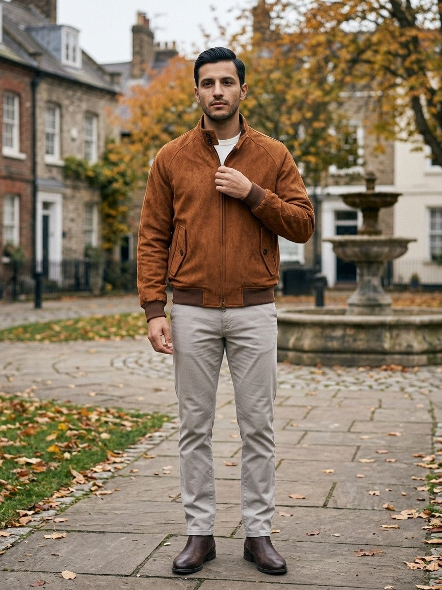 Ostra Men's Tartan-Lined Faux Suede Harrington Jacket — cognac — lifestyle