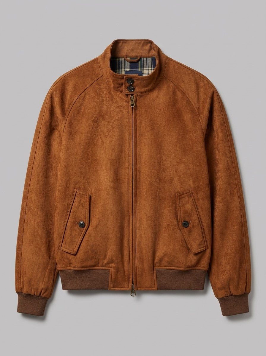 Ostra Men's Tartan-Lined Faux Suede Harrington Jacket — cognac — packshot
