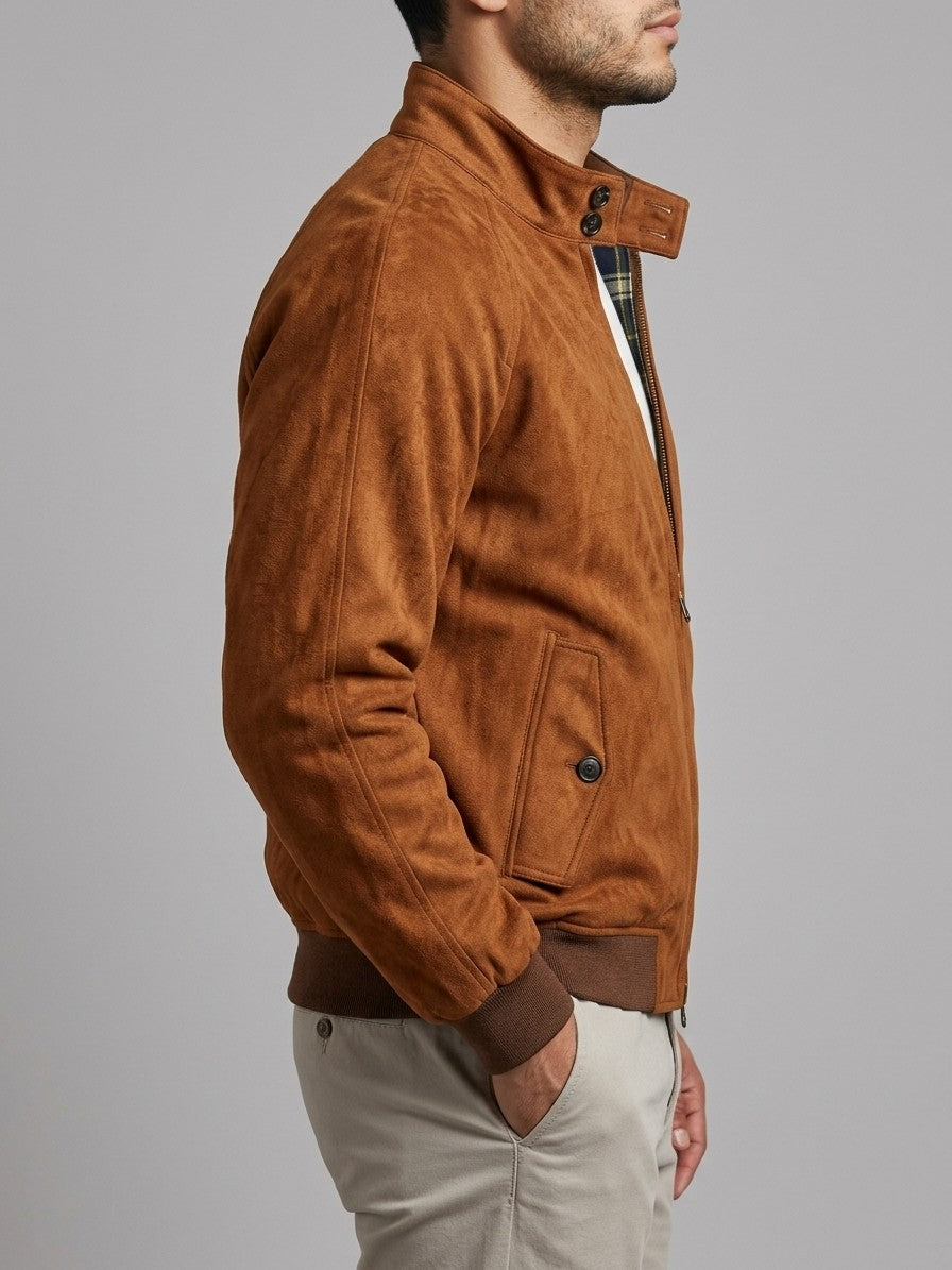 Ostra Men's Tartan-Lined Faux Suede Harrington Jacket — cognac — side