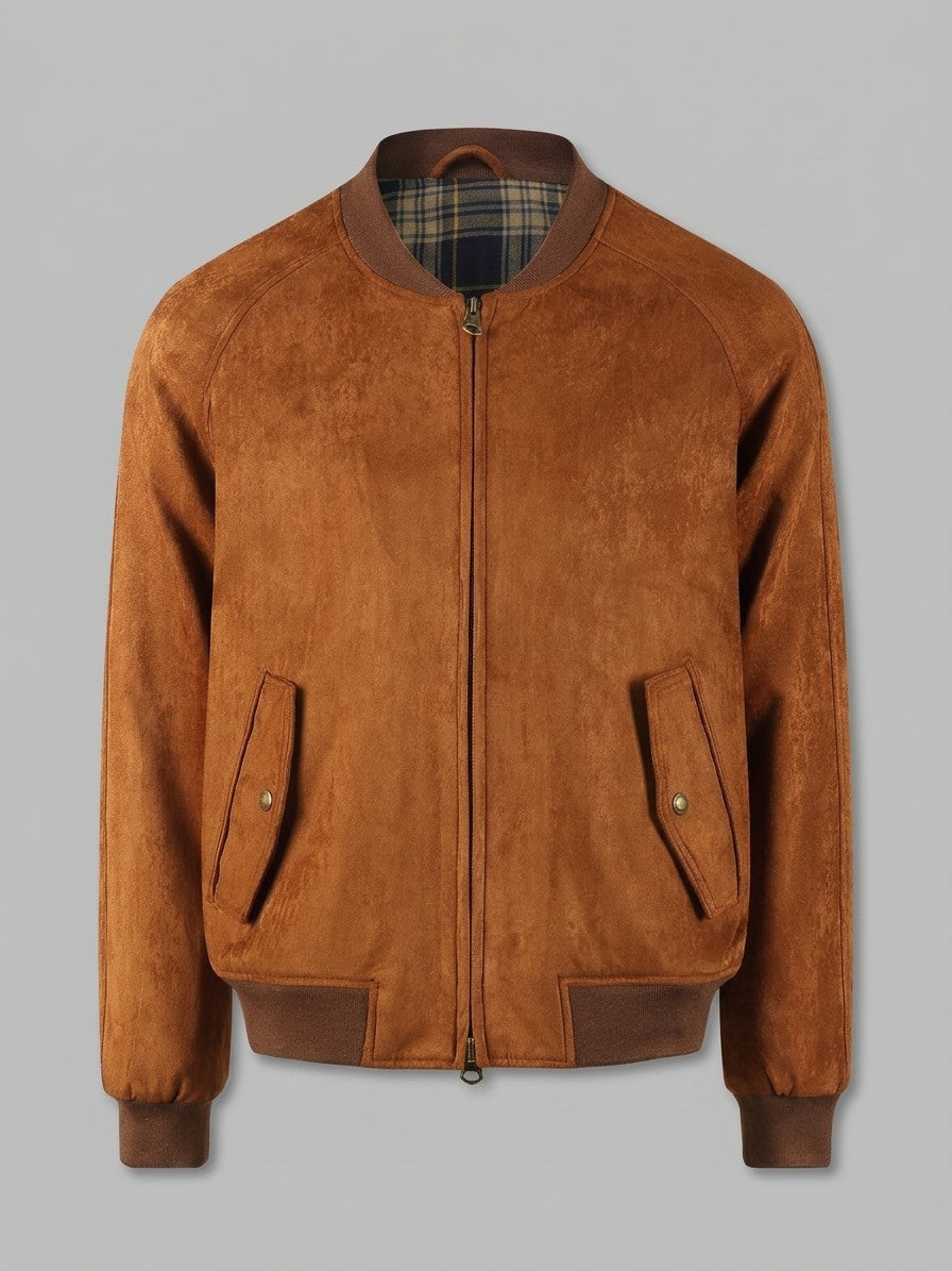 Ostra Men's Tartan-Lined Faux Suede Harrington Jacket — cognacbaseballcollar — packshot