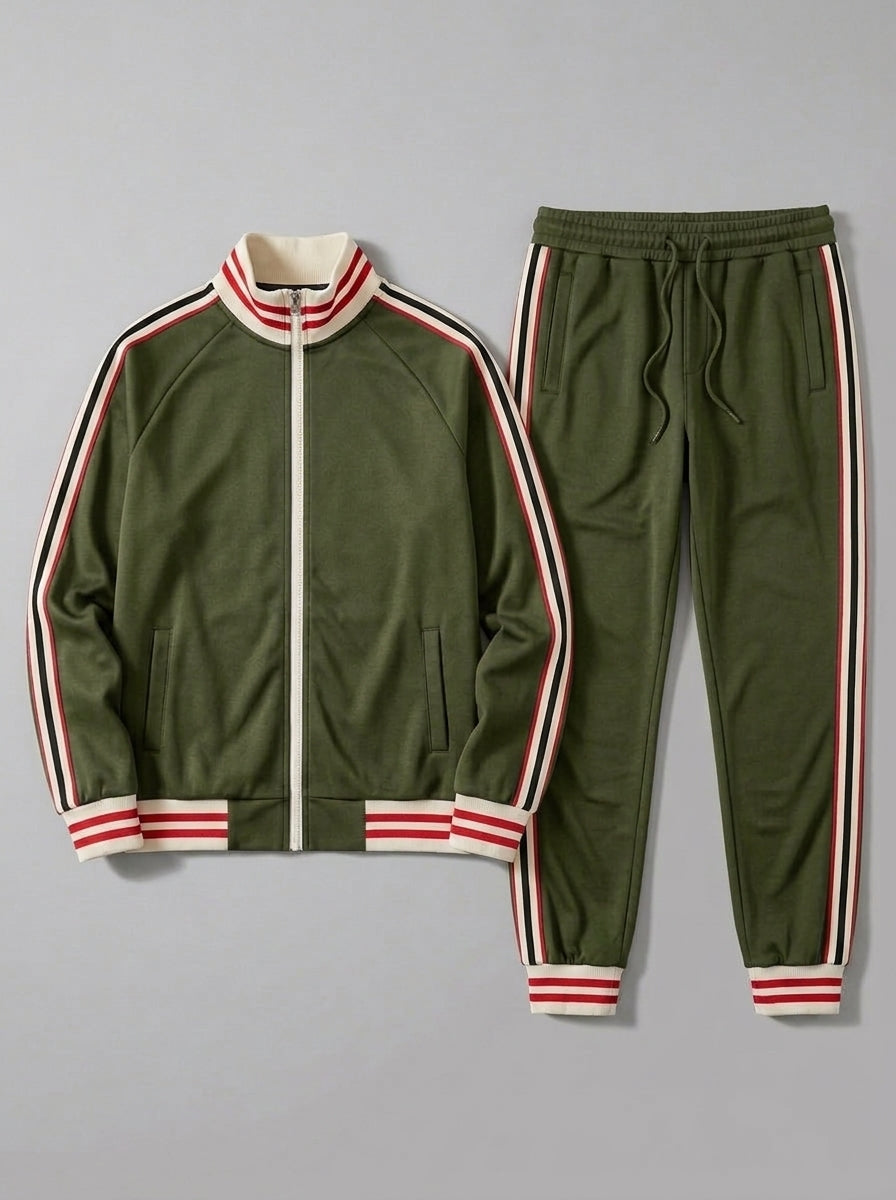 Ozieri Men's Retro Striped Track Jacket and Jogger Set in Army Green — packshot