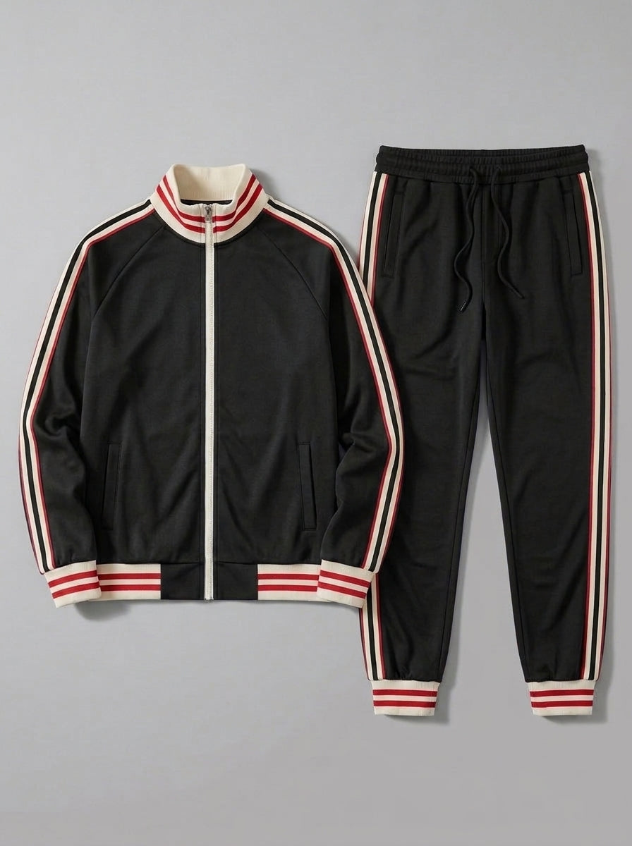 Ozieri Men's Retro Striped Track Jacket and Jogger Set — black — packshot
