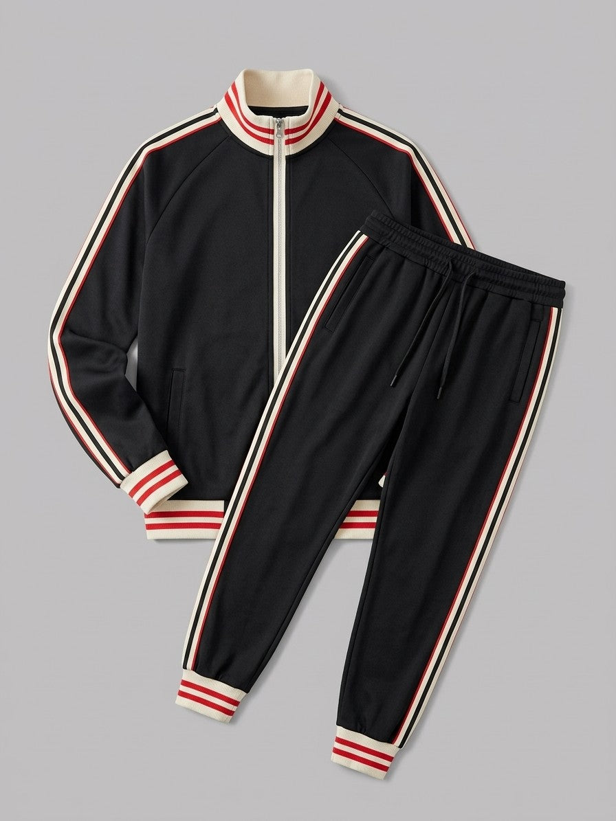 Ozieri Men's Retro Striped Track Jacket and Jogger Set — black — packshot