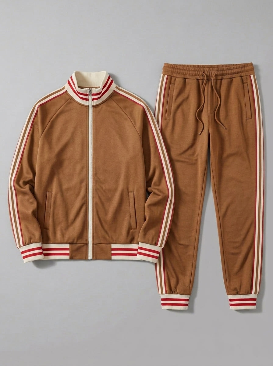 Ozieri Men's Retro Striped Track Jacket and Jogger Set — brown — packshot