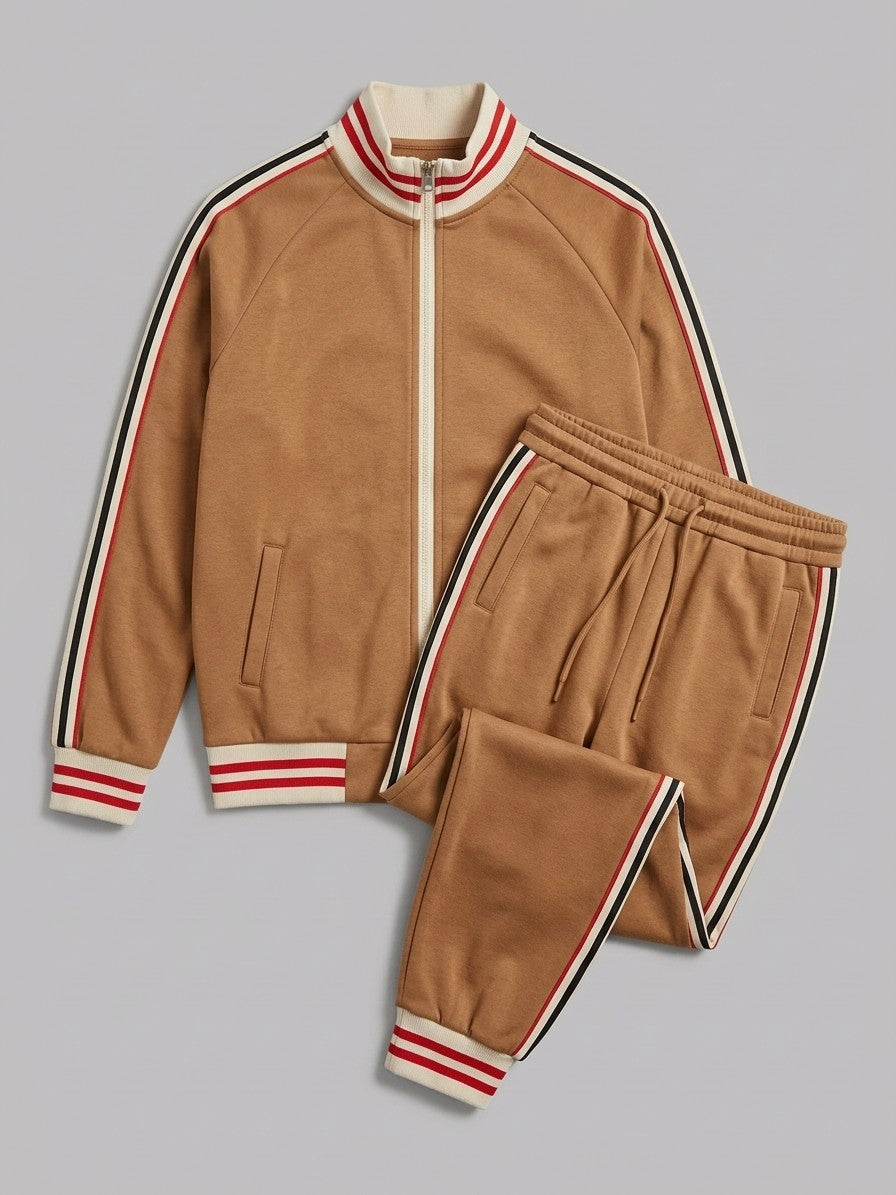 Ozieri Men's Retro Striped Track Jacket and Jogger Set — brown — packshot