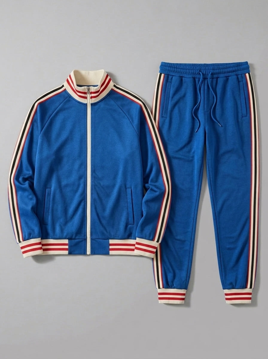 Ozieri Men's Retro Striped Track Jacket and Jogger Set in Cerulean — packshot