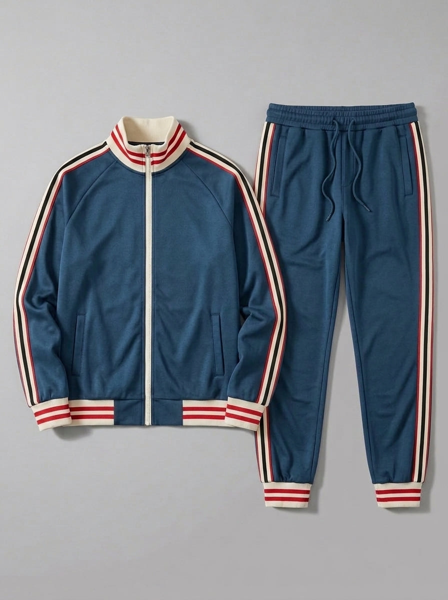 Ozieri Men's Retro Striped Track Jacket and Jogger Set in French Blue — packshot