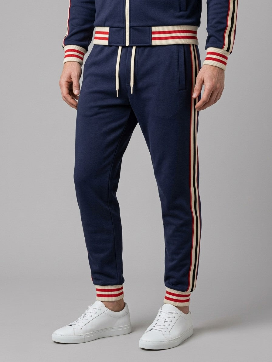Ozieri Men's Retro Striped Track Jacket and Jogger Set — navyblue — bottomfront