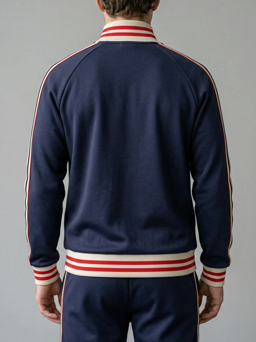 Ozieri Men's Retro Striped Track Jacket and Jogger Set — navyblue — closeback