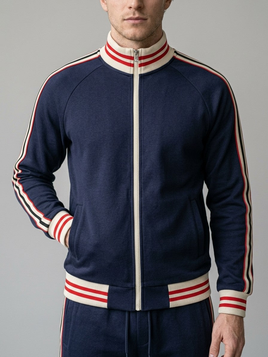 Ozieri Men's Retro Striped Track Jacket and Jogger Set — navyblue — closefront