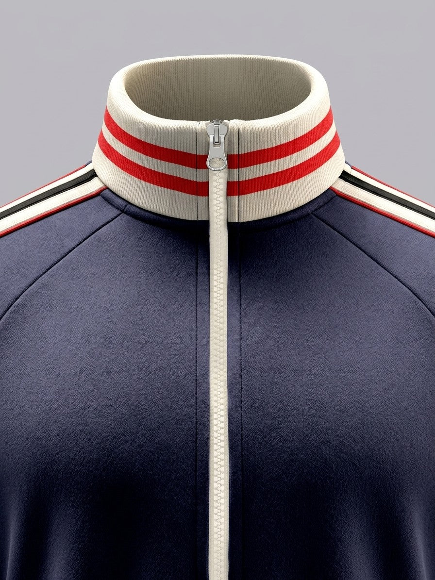 Ozieri Men's Retro Striped Track Jacket and Jogger Set — navyblue — detail-collar