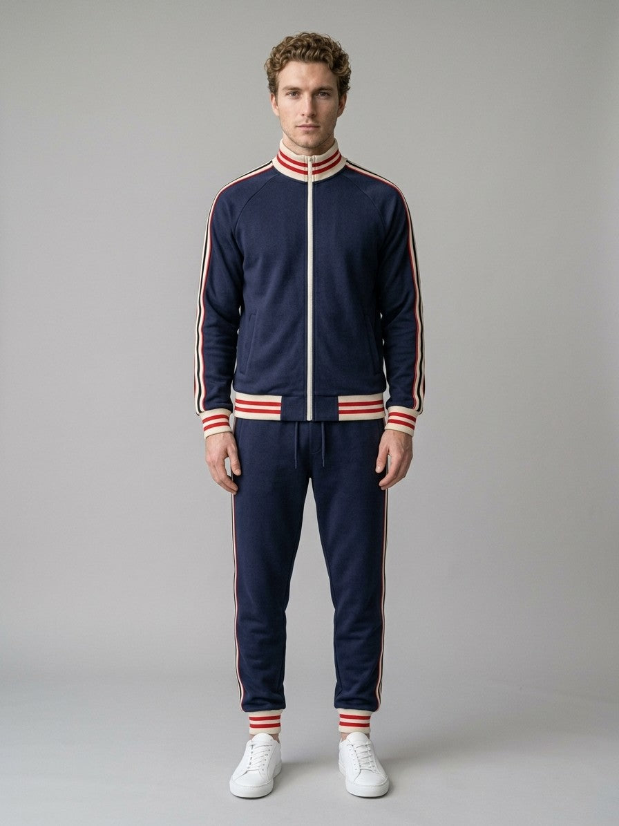 Ozieri Men's Retro Striped Track Jacket and Jogger Set — navyblue — fullfront
