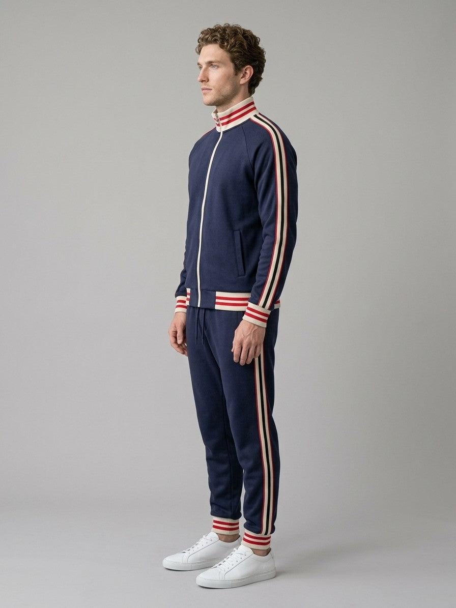 Ozieri Men's Retro Striped Track Jacket and Jogger Set — navyblue — fullside