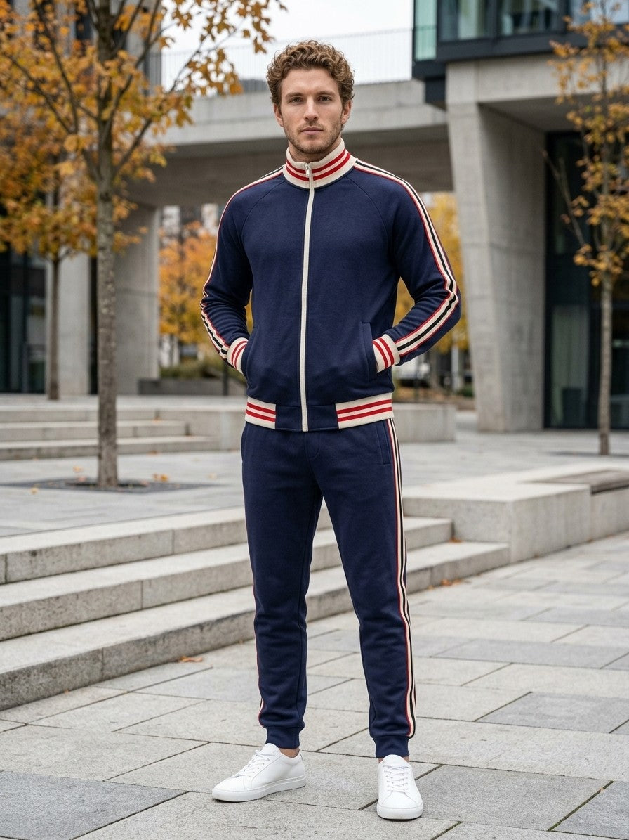 Ozieri Men's Retro Striped Track Jacket and Jogger Set — navyblue — lifestyle