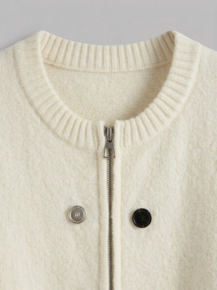Pacentro Men's Mixed-Button Zip Knit Jacket — cream — detail