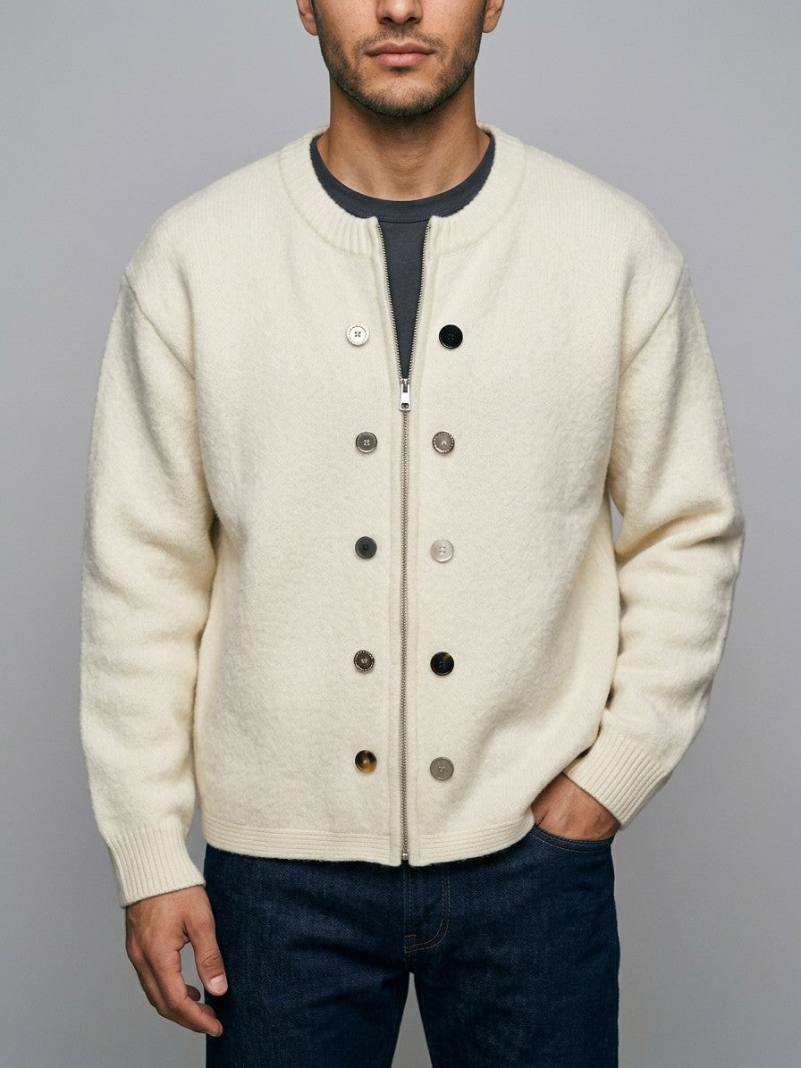 Pacentro Men's Mixed-Button Zip Knit Jacket — cream — front