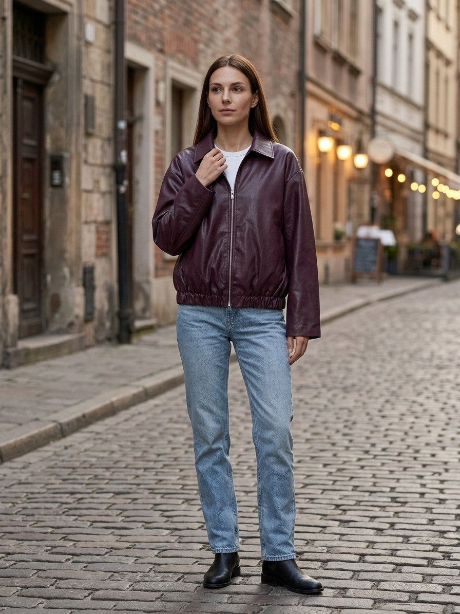 Paciano Women's Collared Bomber Jacket — burgundy — lifestyle