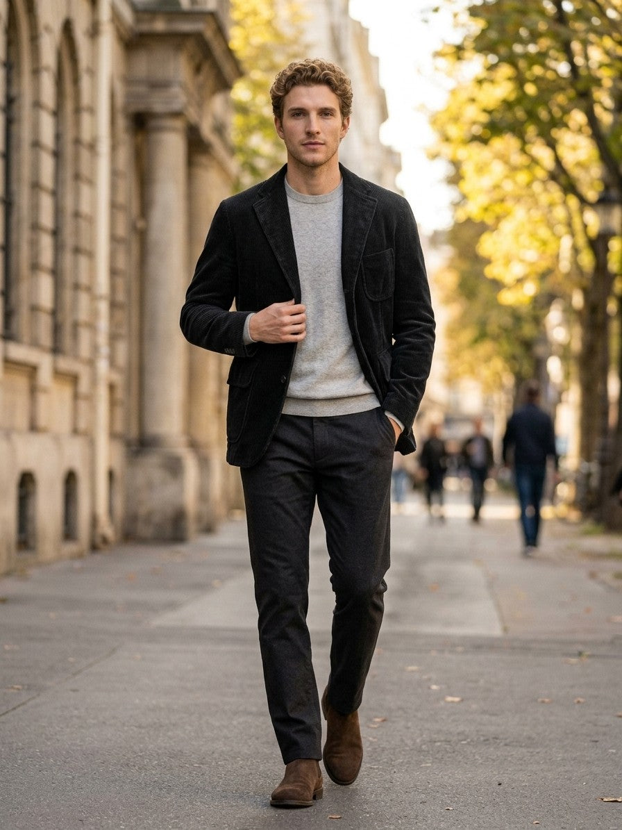 Padova Men's Corduroy Lapel Blazer — black — lifestyle